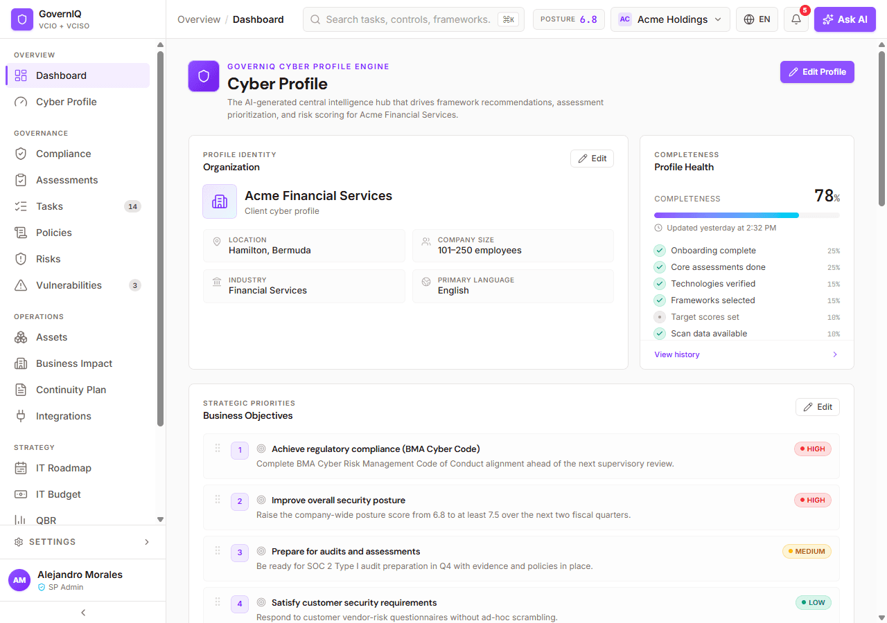 Cyber Profile intake → tailored framework recommendation.